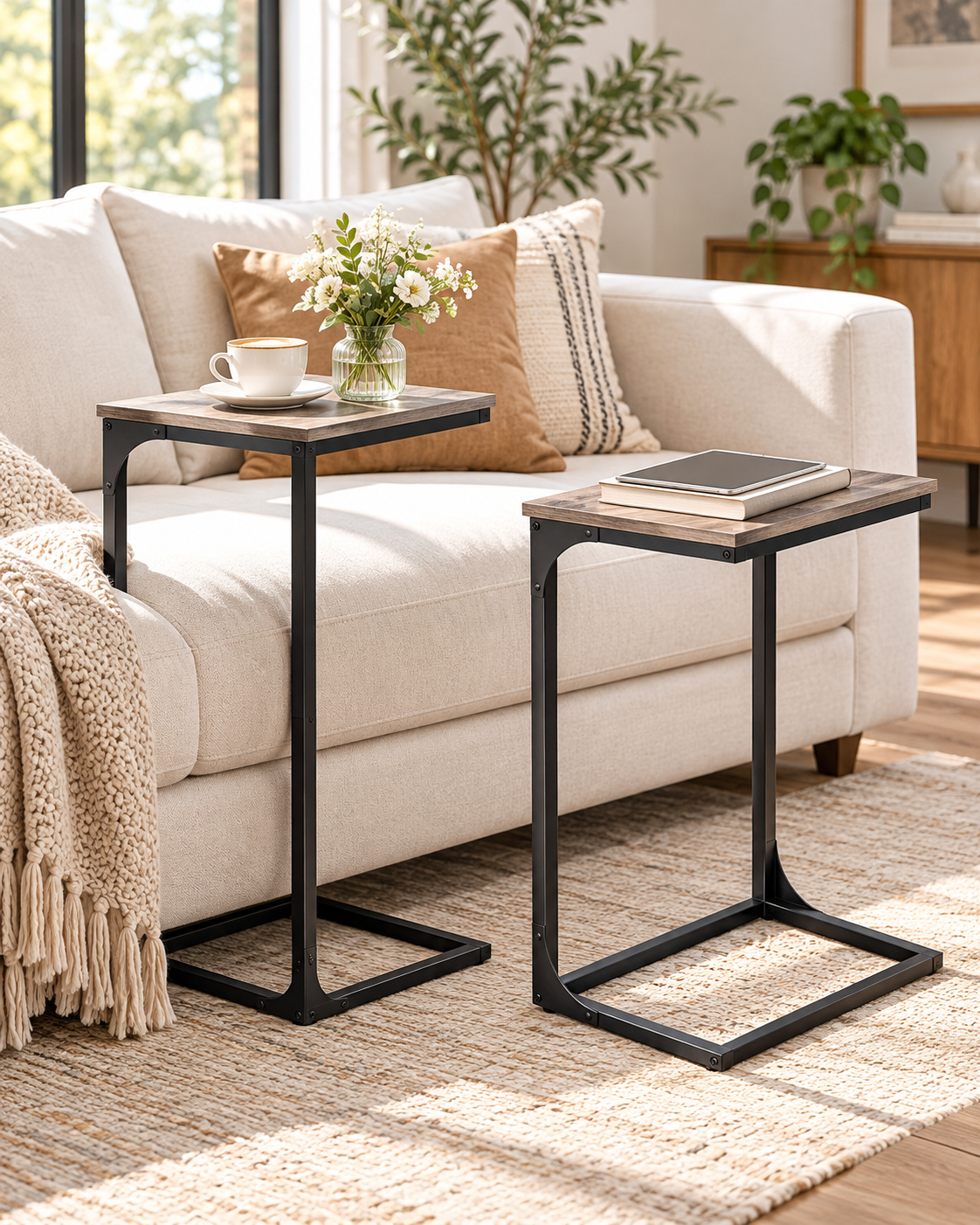 VASAGLE C-Shaped Side Tables – Set of 2 | Greige & Black