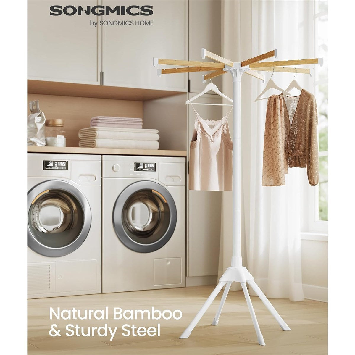 SONGMICS Foldable Bamboo Clothes Drying Rack – White & Natural