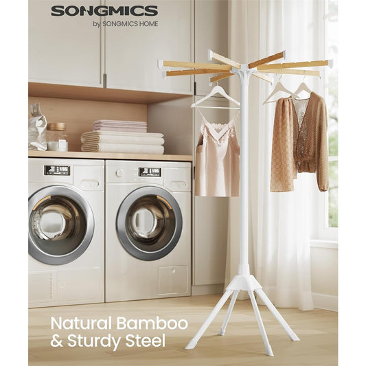 SONGMICS Foldable Bamboo Clothes Drying Rack – White & Natural